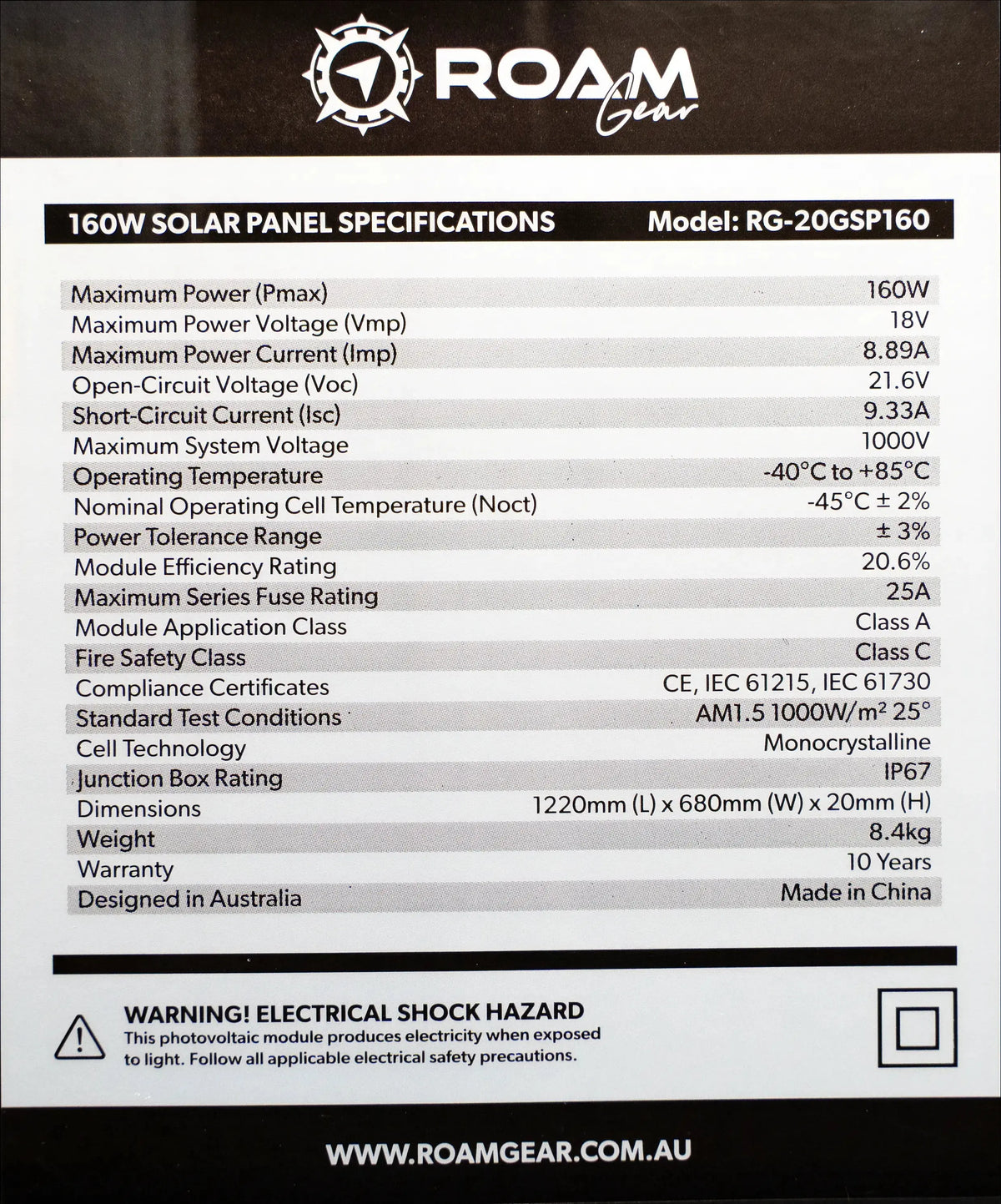 Roam Gear 160W 12V Slimline Black Glass Solar Panel (20mm Frame)