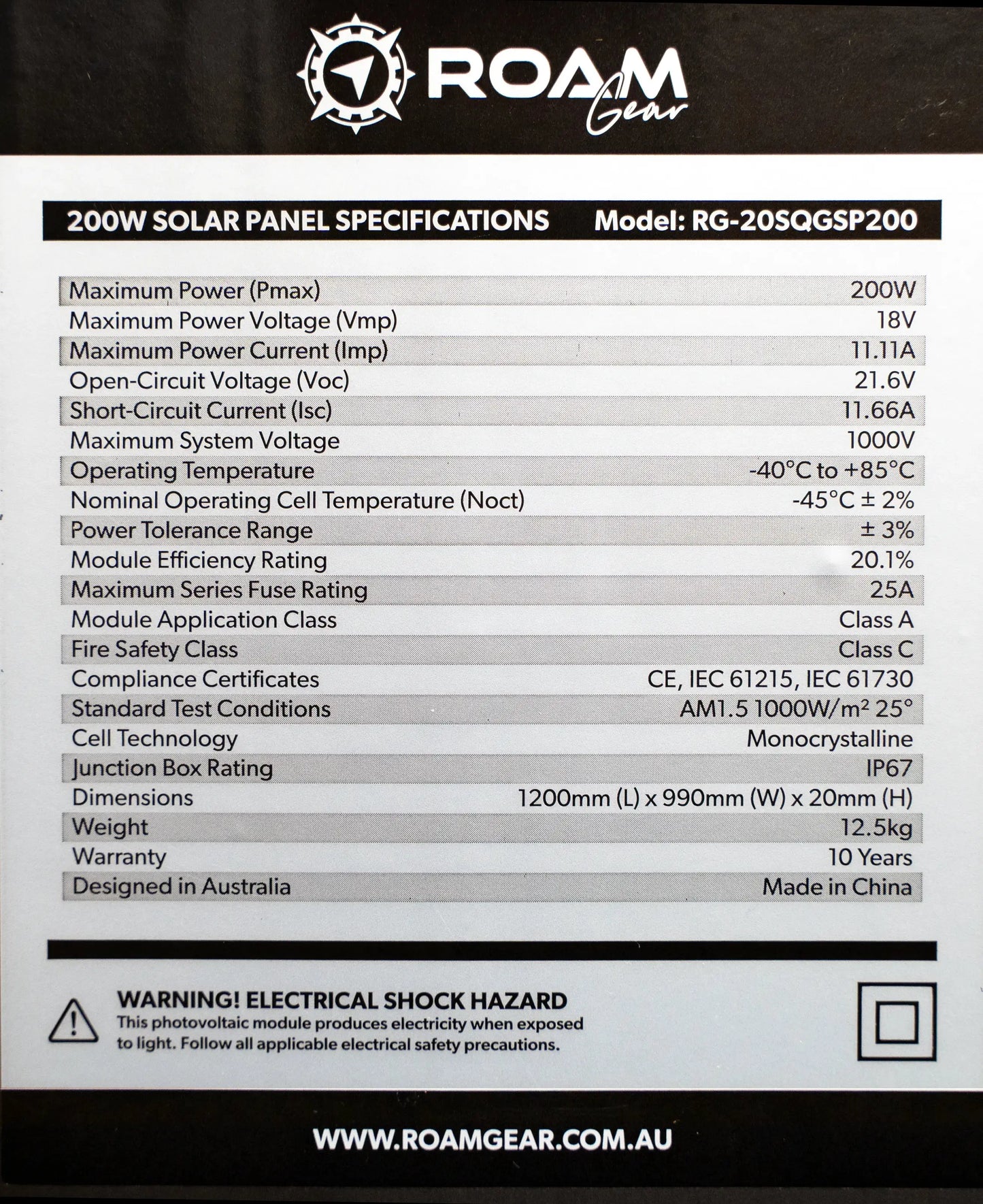 Roam Gear 200W 12V Slimline Square Black Glass Solar Panel (20mm Frame)