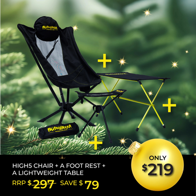Bushwakka High Five Chair + Lightweight Table + Foot Rest – Total Camp Comfort Bundle