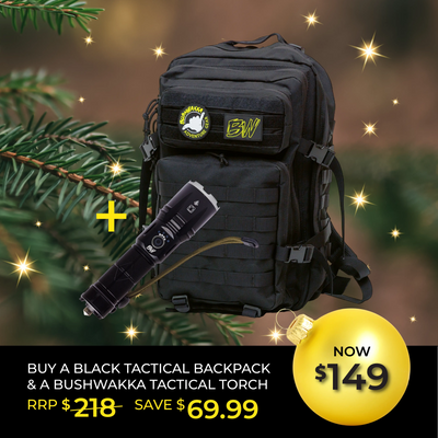 Bushwakka Black Tactical Backpack + FREE Tactical Torch
