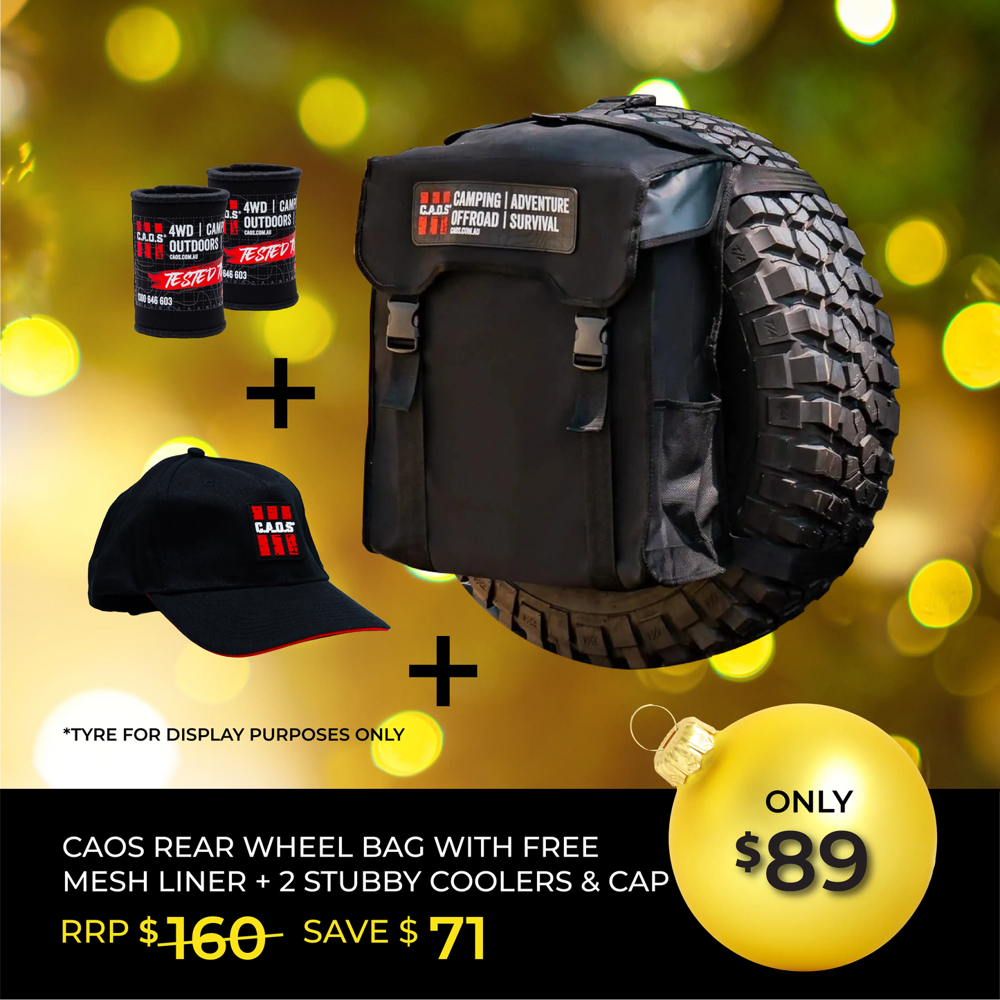 CAOS Rear Wheel Bin Bag + Mesh Liner + Magnetic Stubby Cooler + Baseball Cap Bundle