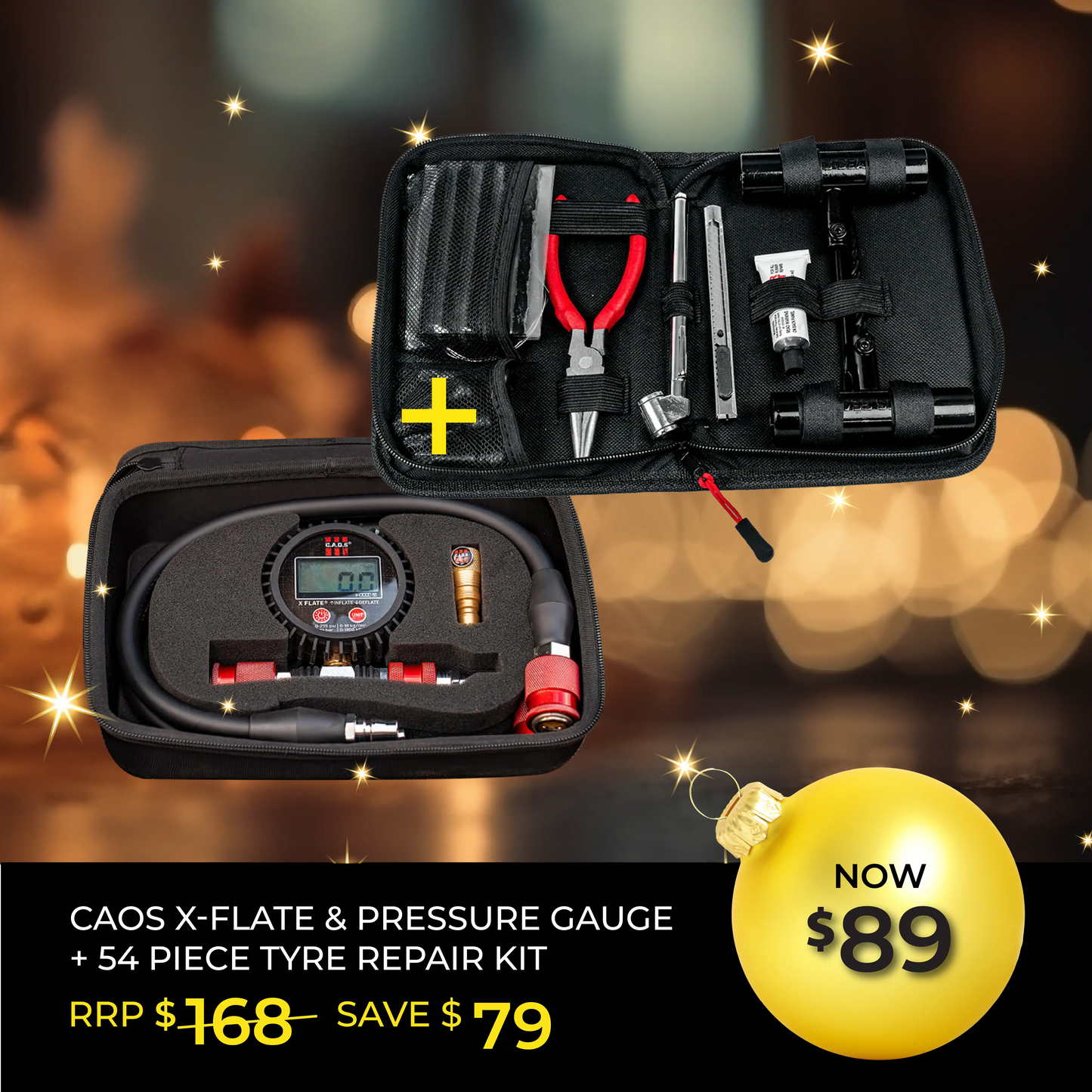 CAOS Digital Inflate-Deflate Pressure Gauge+ CAOS 54-Piece Tyre Repair Kit – Total Tyre Bundle