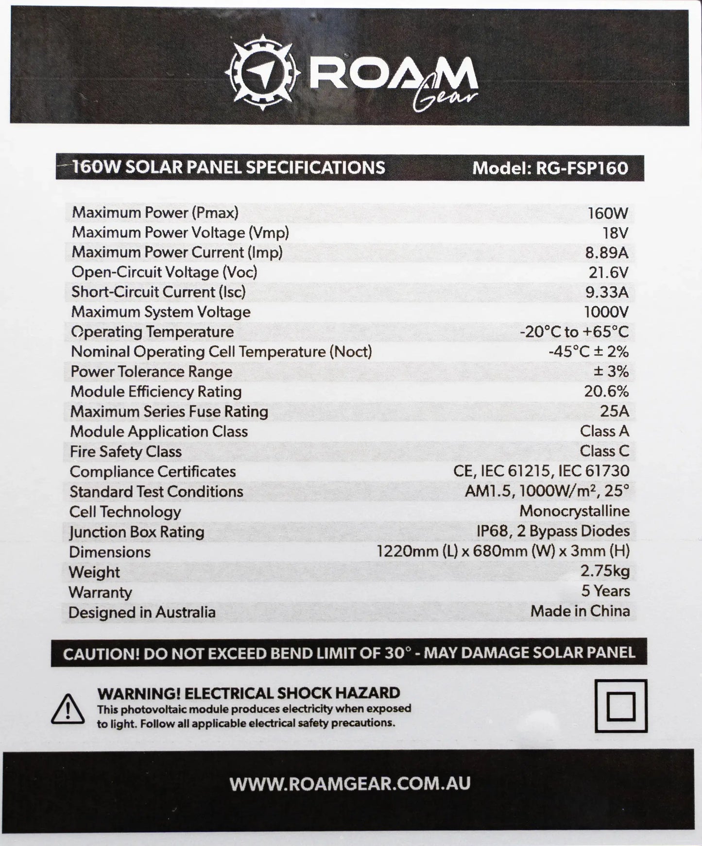 Roam Gear 160W 12V Black ETFE Flexible Solar Panel