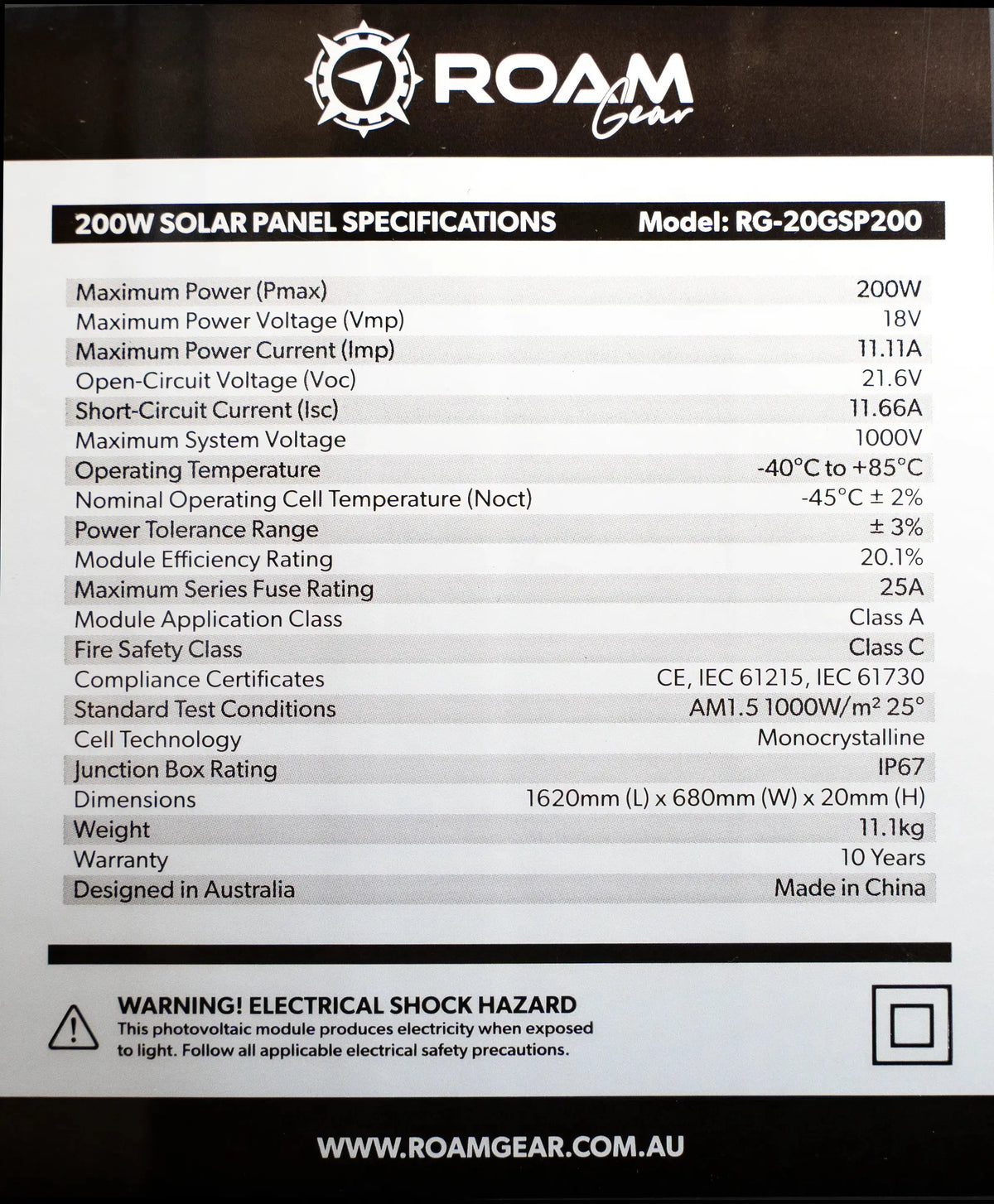 Roam Gear 200W 12V Slimline Black Glass Solar Panel (20mm Frame)