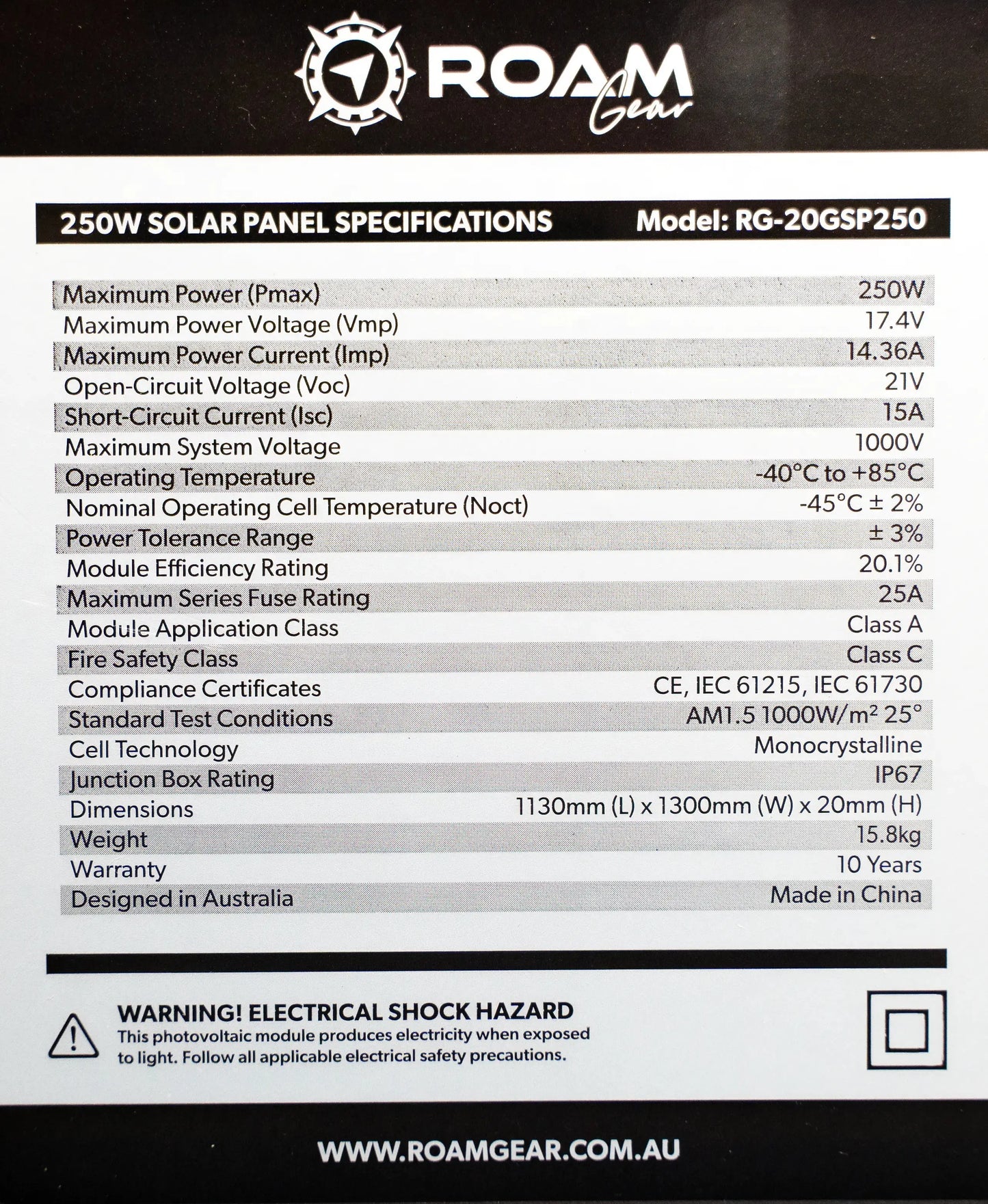 Roam Gear 250W 12V Slimline Black Glass Solar Panel (20mm Frame)