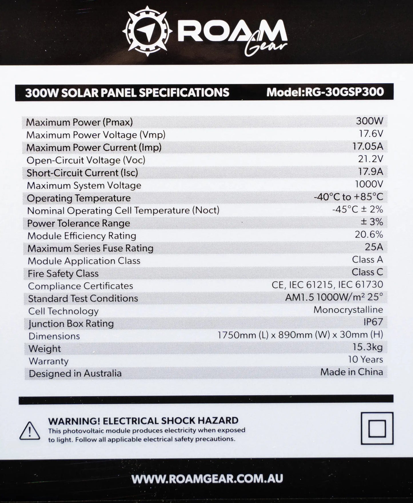 Roam Gear 300W 12V Black Glass Solar Panel (30mm Frame)